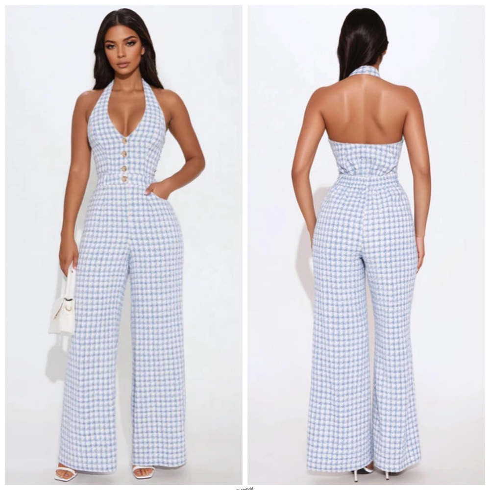 Fashion Nova Brunch Girl Blue and White Checkered Plaid Tweed Halter Jumpsuit